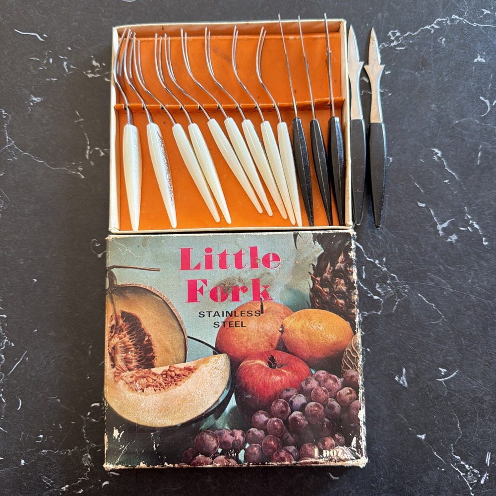 Vintage Little Forks Mid Century Stainless Steel Hor d'oeuvre 9 Forks 5 Skewers